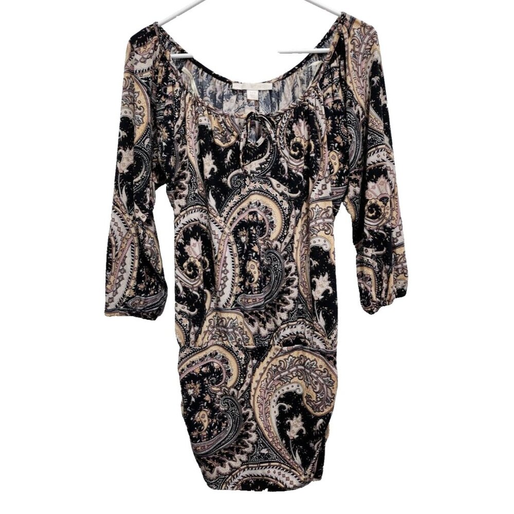 Boston Proper Womens BOHO Tunic Top Small Black‎ Beige Paisley Ruched 3/4 Sleeve